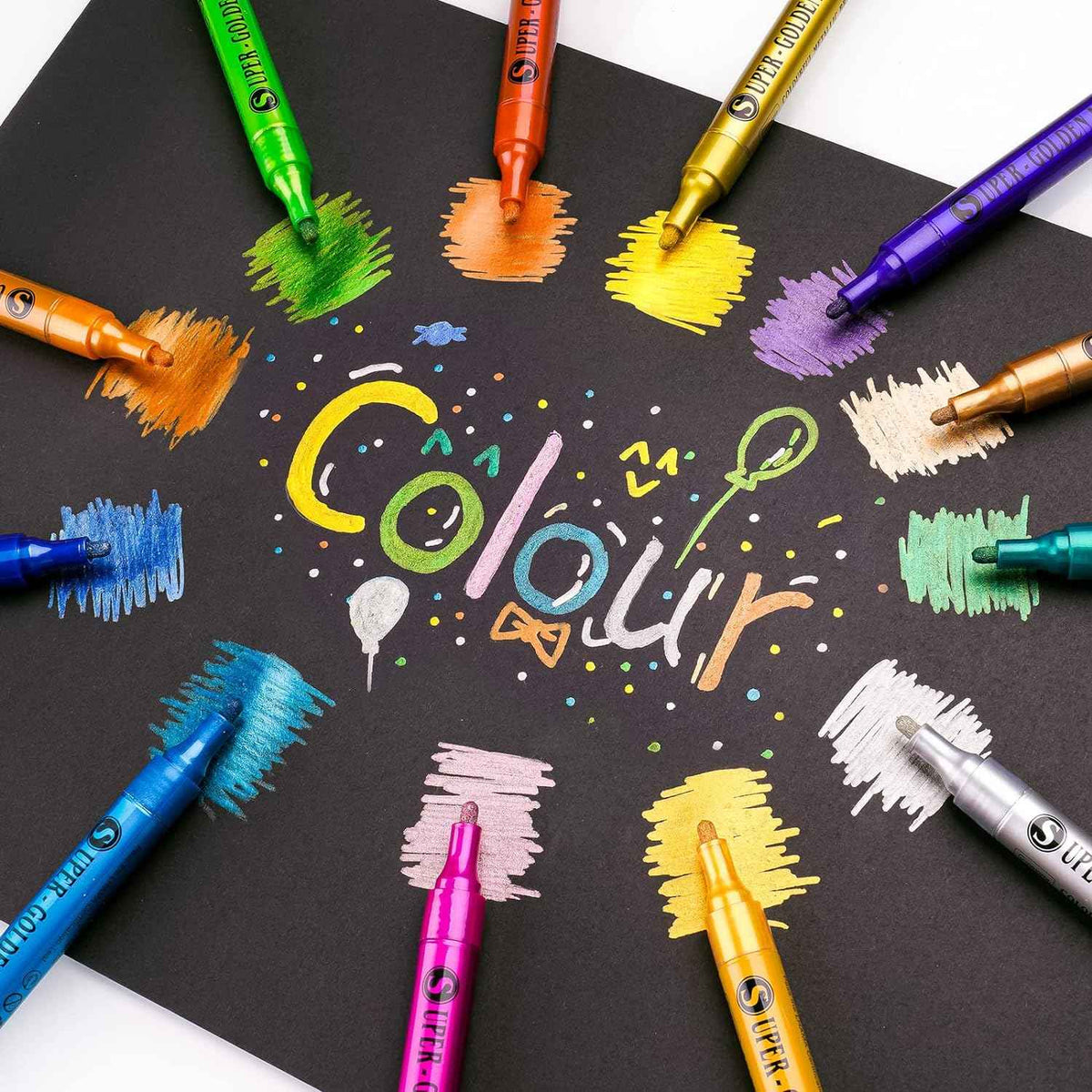 12 Colors Super Golden Metallic Marker Paint Pen Set 2-3mm Fiber Tip - TTpen