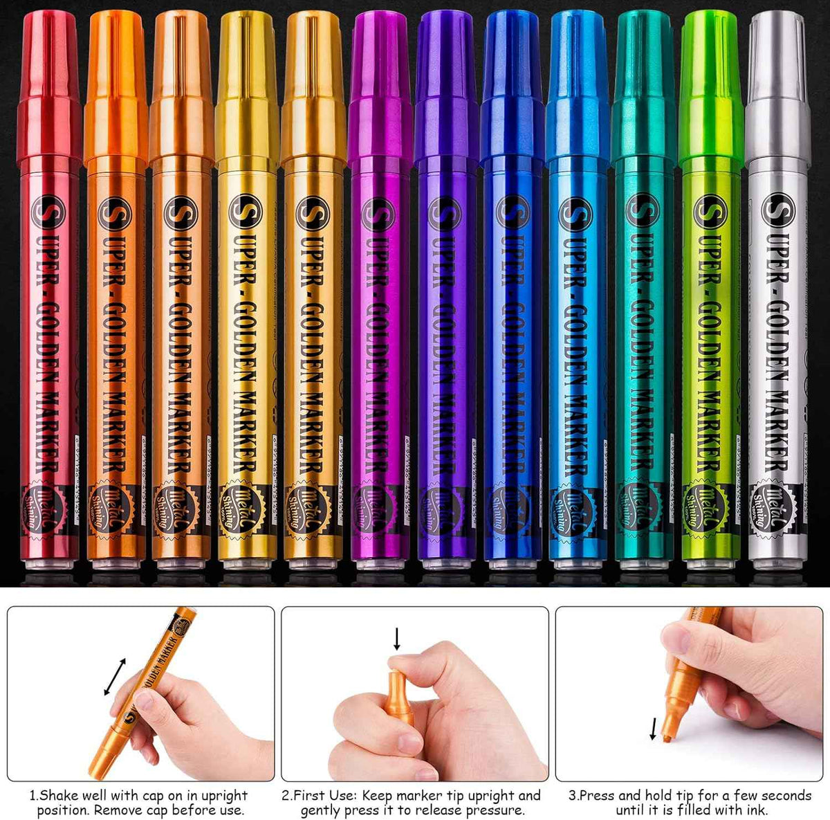 12 Colors Super Golden Metallic Marker Paint Pen Set 2-3mm Fiber Tip - TTpen