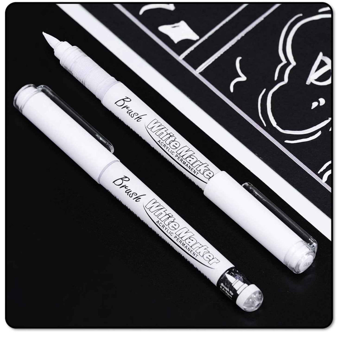 Black White Brush Tip Acrylic Paint Marker Pens Set, 10 Pack