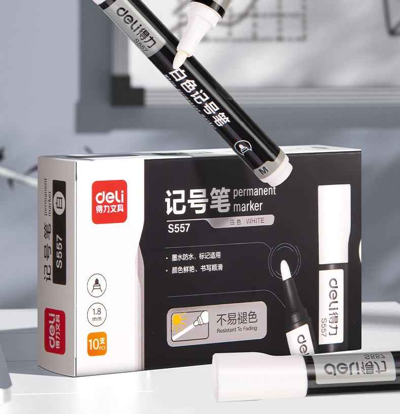 DELI White Permanet Paint Marker Pens Oil Based 1.8mm Medium Tip 10 Count - TTpen