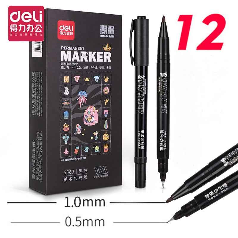 DELI Fine/Ultra Fine Twin Tip Permanent Marker Pen,Black (Pack of 12) - TTpen