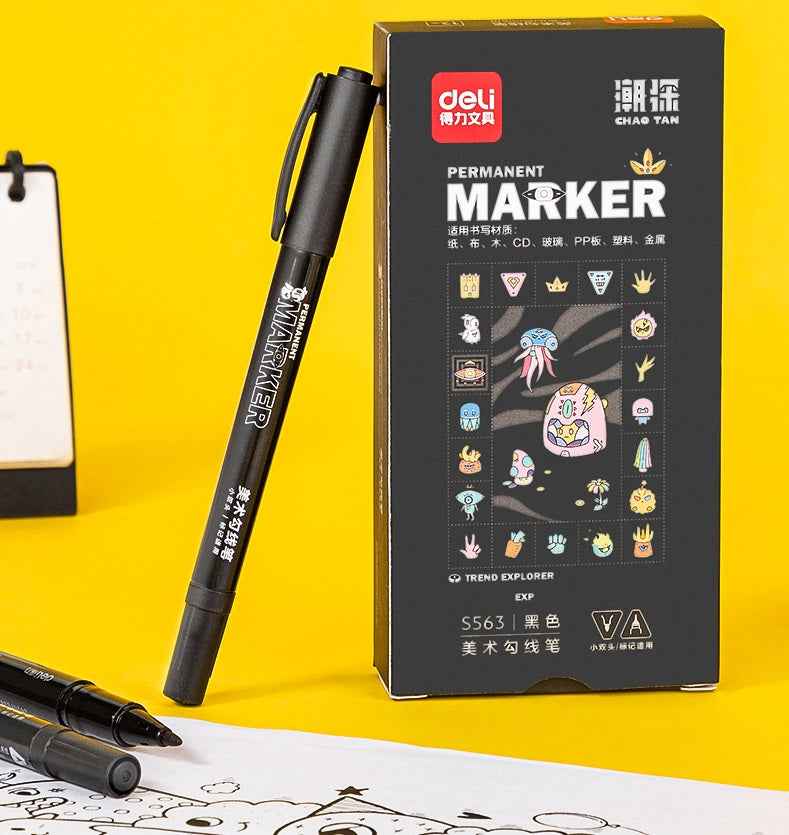 DELI Fine/Ultra Fine Twin Tip Permanent Marker Pen,Black (Pack of 12) - TTpen