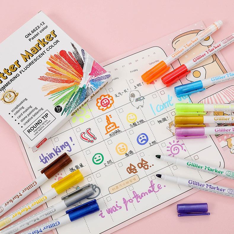 Glitter Marker Highlighters,12 Pastel Colors,School Supplies,Round/Chisel Tip
