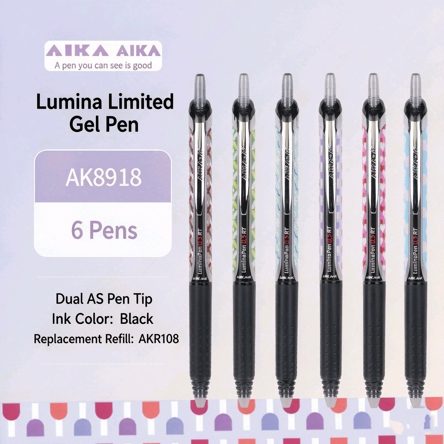 AIKA-A Lumina Limited Gel Pen | Dual AS Tip 0.5mm Retractable | Set of 6 Classic Patterns