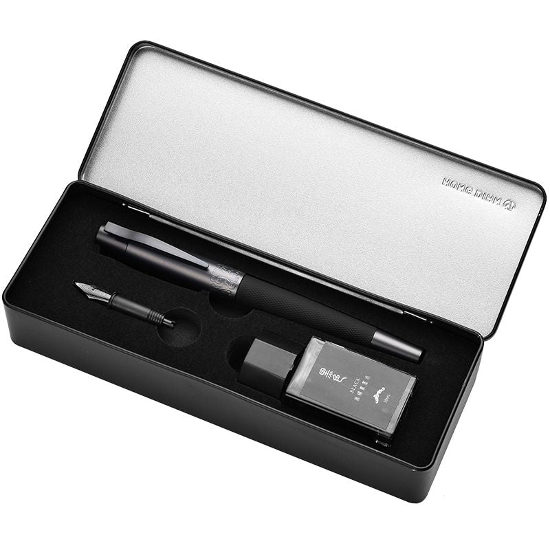 Hongdian 601 black fountain pen gift set with case, ink bottle and replacement nib