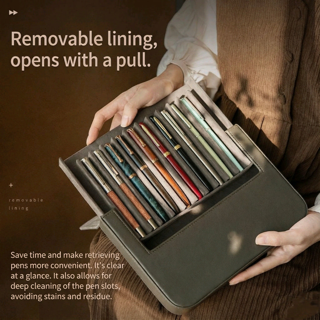 HongDian GeDu leather-style pen case holding a collection of pens