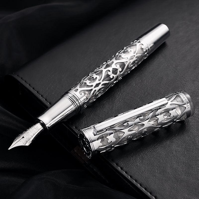 Hongdian ornate silver-tone piston fountain pen with cap removed