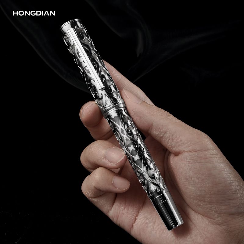 Hongdian ornate silver-tone fountain pen with clip