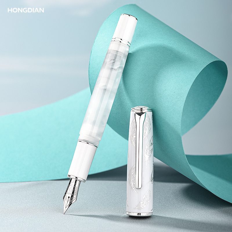 Hongdian N8 white fountain pen with feather engraved cap