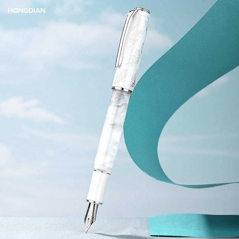 Hongdian N8 white fountain pen against a turquoise background