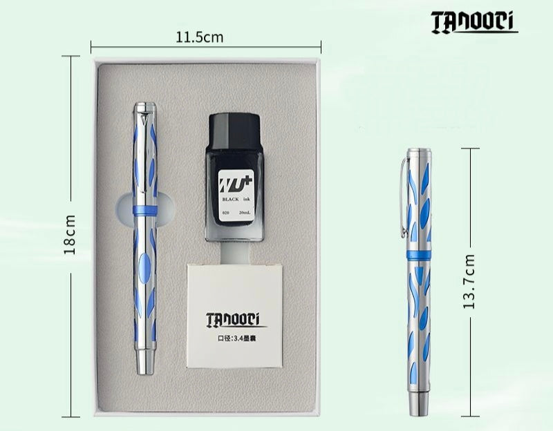 TANOOCI Wind Trace blue accent metal fountain pen with box and black ink