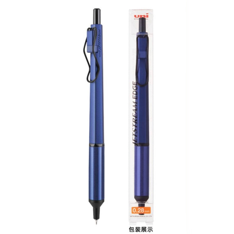 Blue Uni Jetstream Edge 0.28 mm pen and packaging
