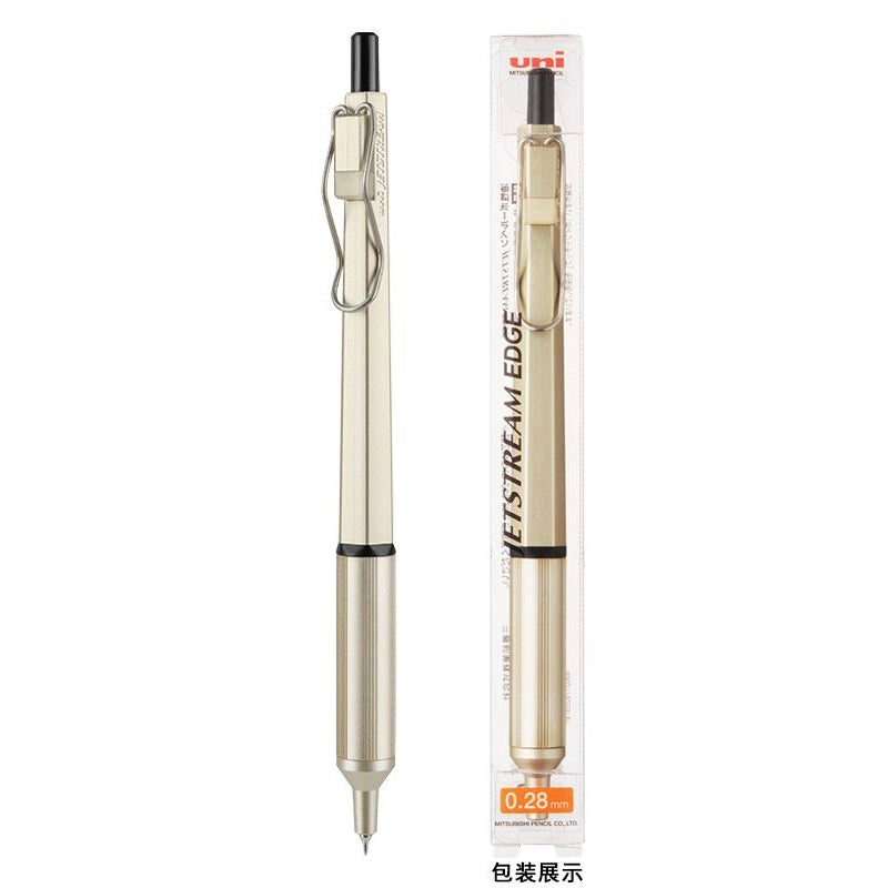 Champagne Uni Jetstream Edge 0.28 mm pen and packaging