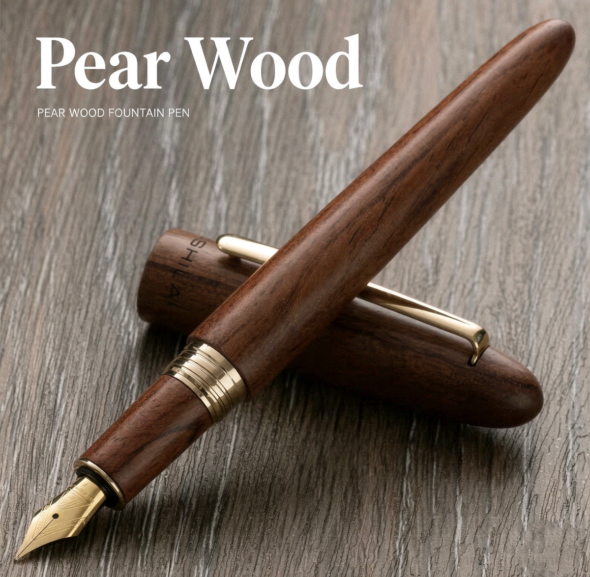 Pear wood fountain pen with gold-tone nib and trim