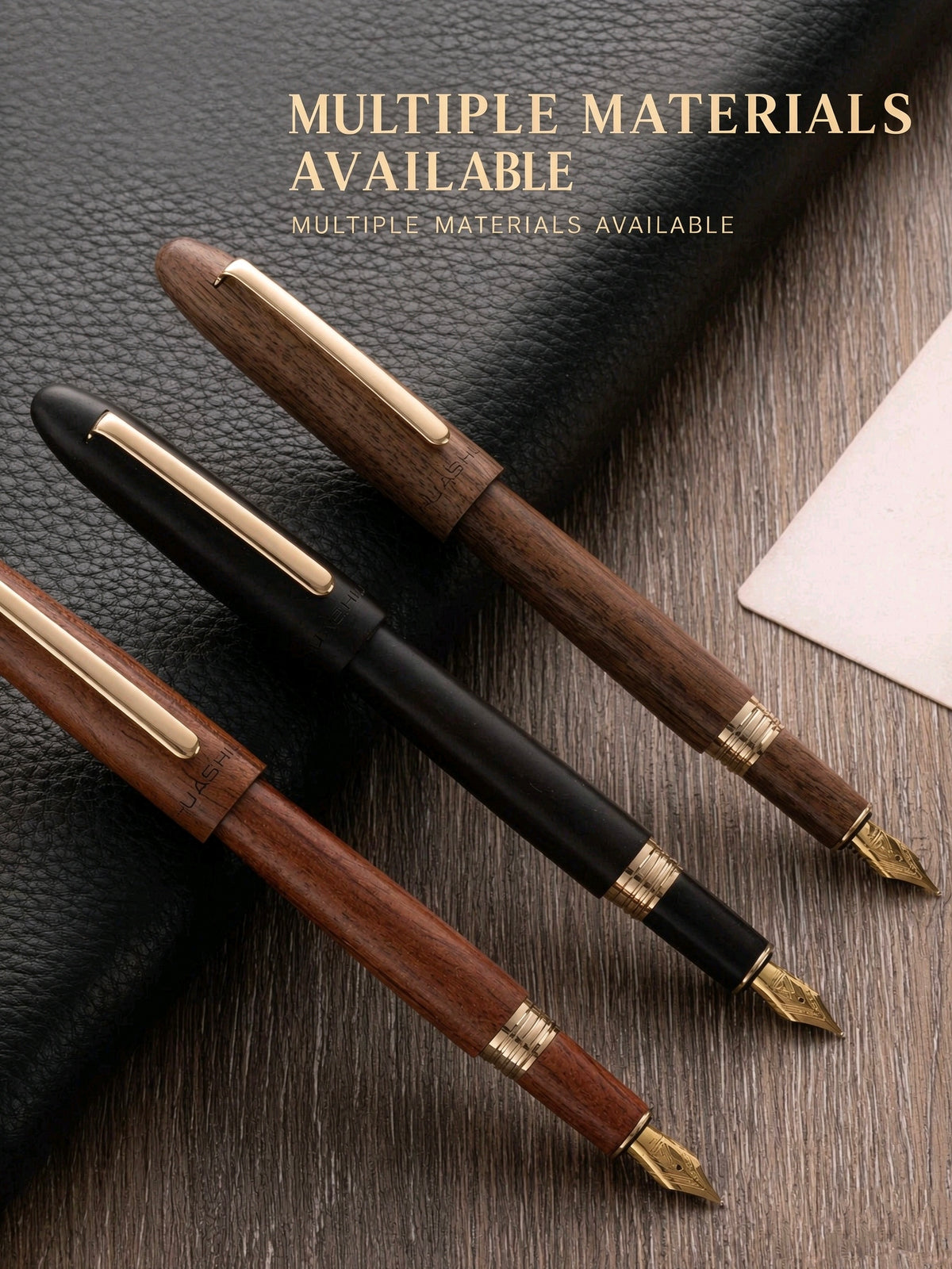 Three pictured wooden fountain pen finishes with gold-tone details