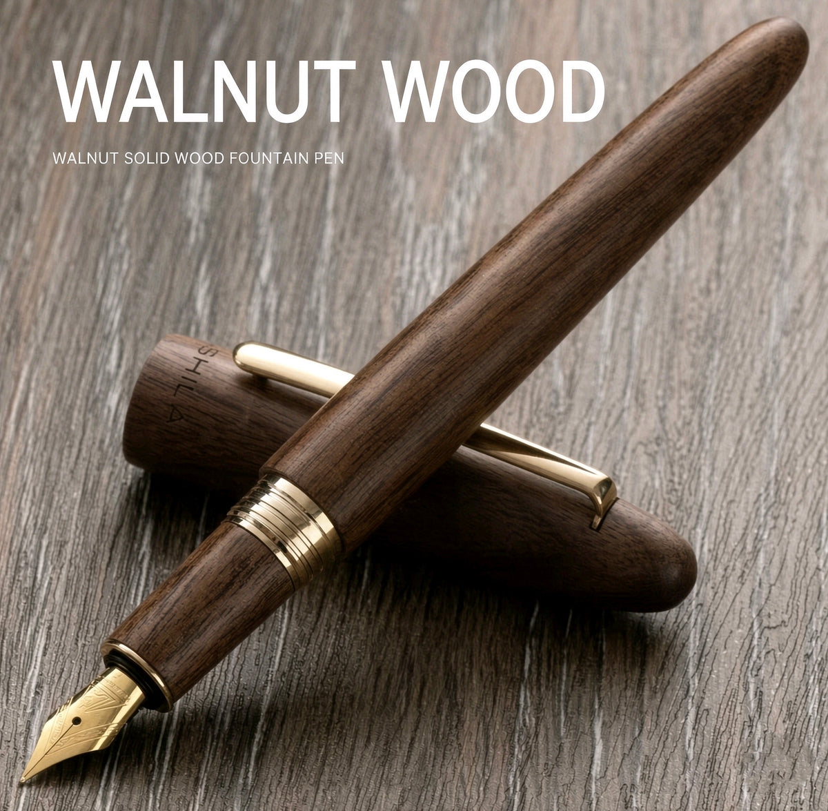 Walnut wood fountain pen with gold-tone nib and trim