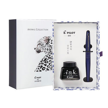 Pilot 88G snow leopard fountain pen gift set with black ink and animal collection box