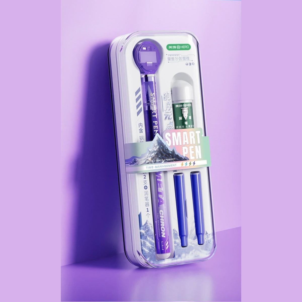 Hero smart timer gel pen set in purple packaging