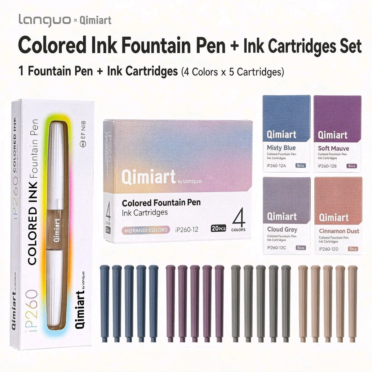 Languo Qimiart iP260 EF fountain pen with 20 cartridges in four muted colors