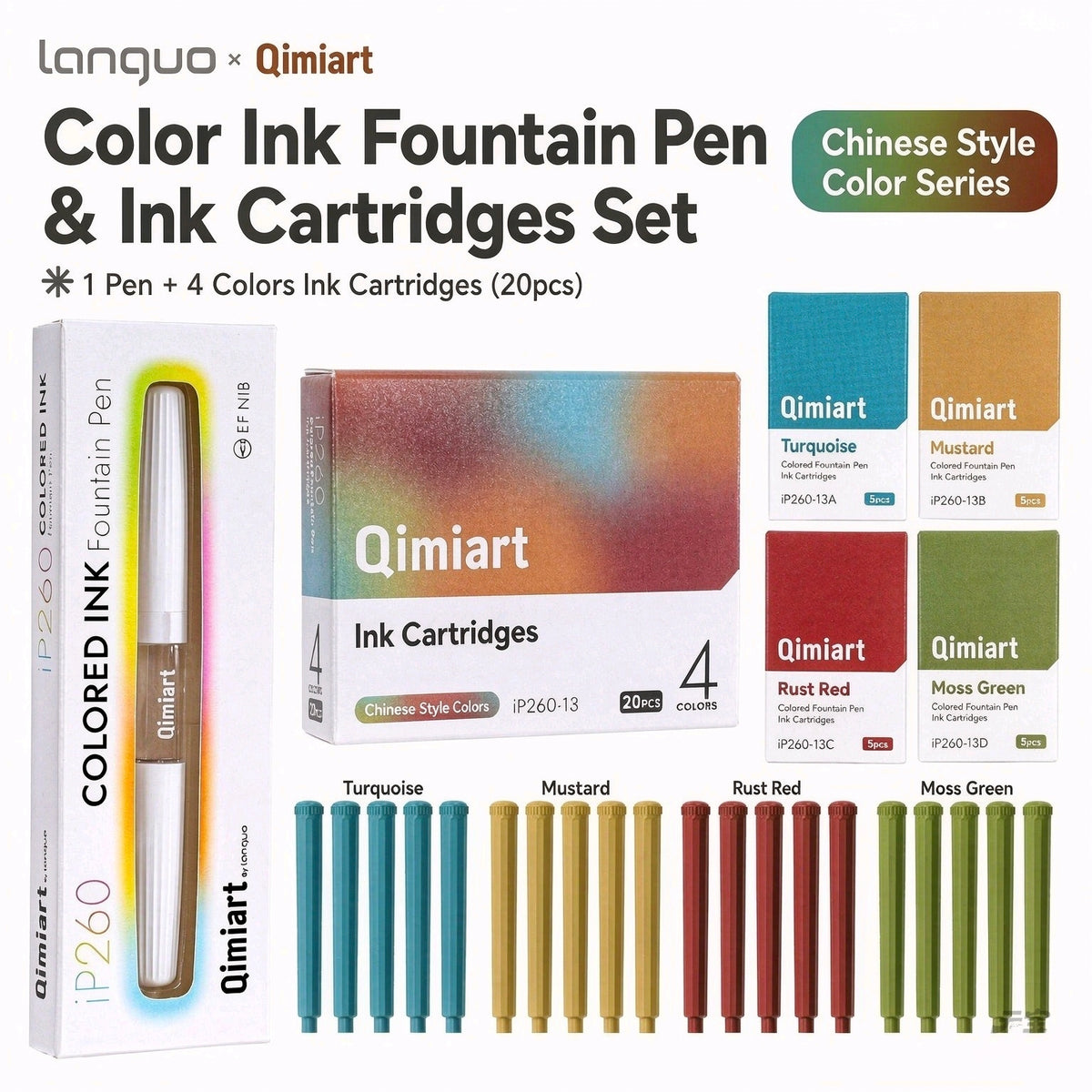 Languo Qimiart iP260 EF fountain pen set with 20 cartridges in turquoise, mustard, rust red and moss green