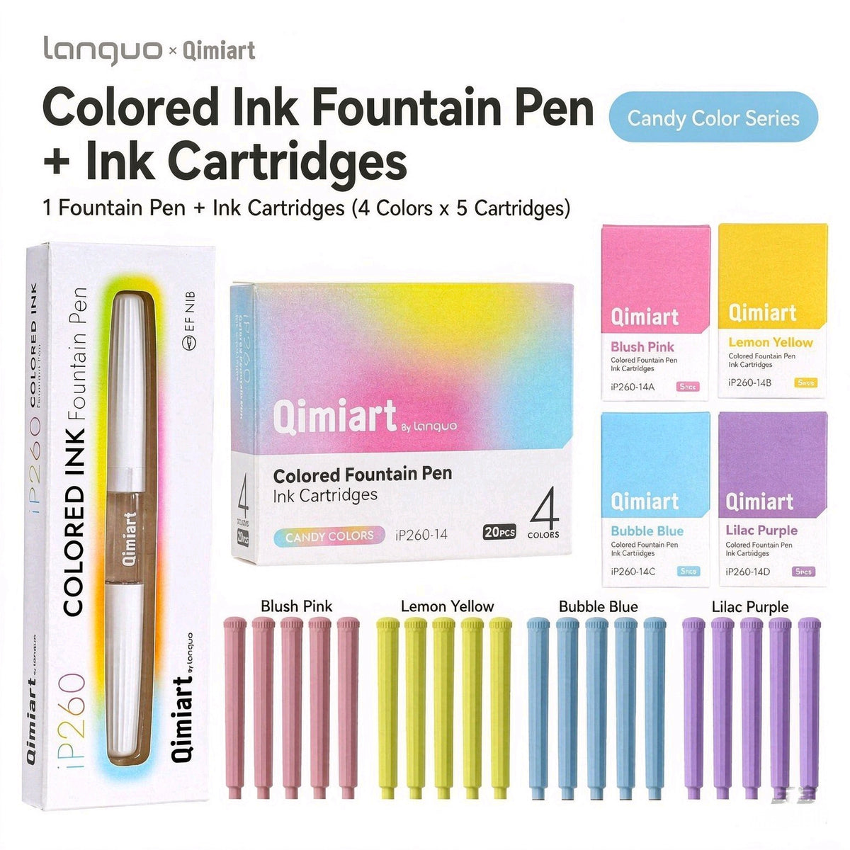 Lanquo Qimiart iP260 colored fountain pen and 20 cartridges in four candy colors