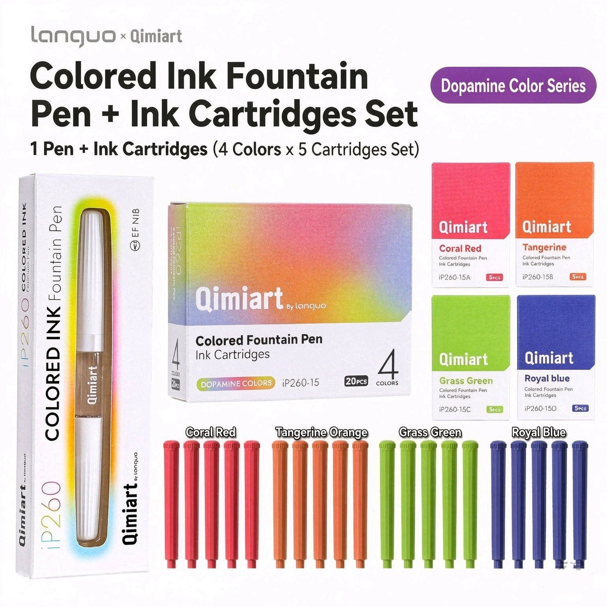 Languo Qimiart iP260 colored ink fountain pen set with 20 ink cartridges