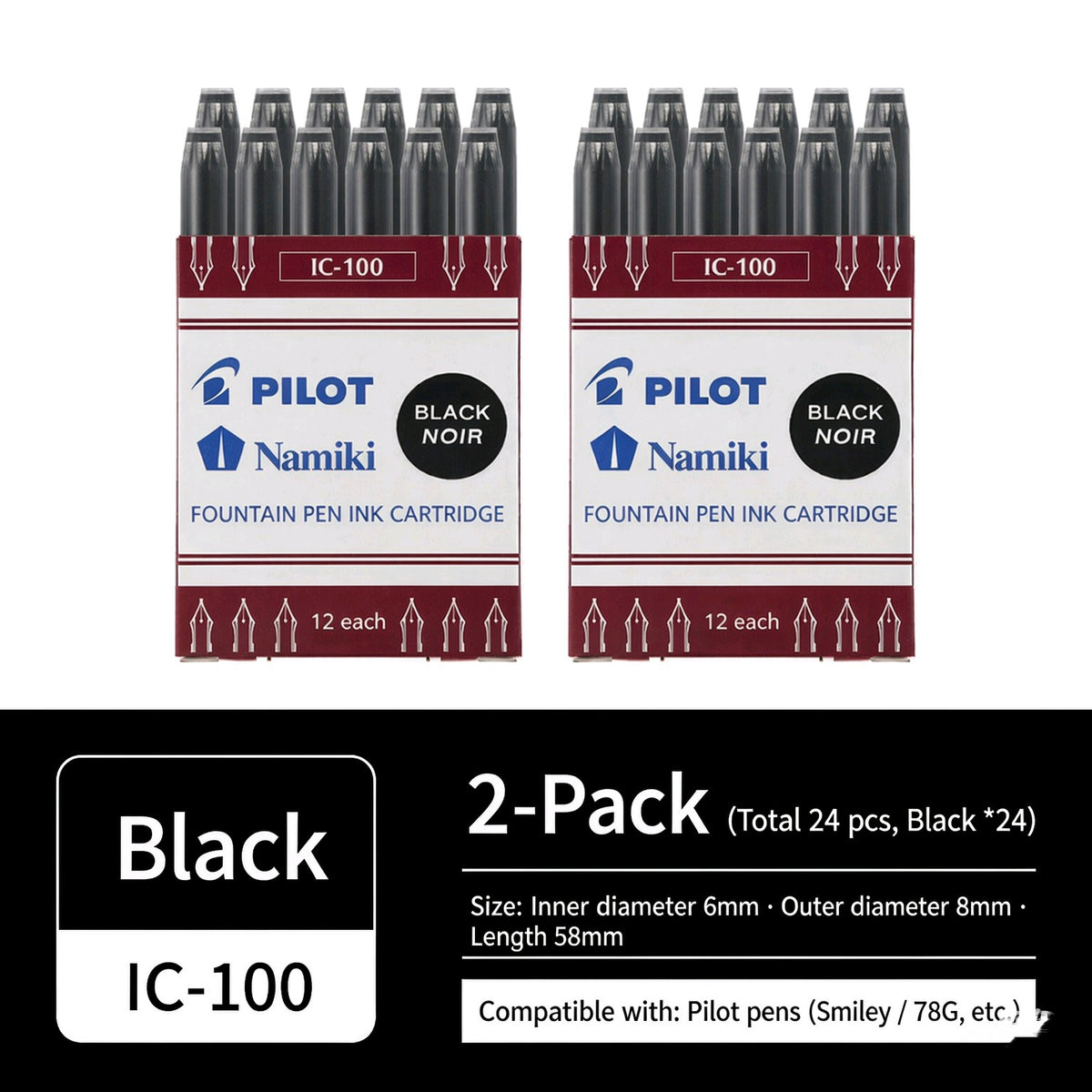 Pilot Namiki IC-100 Fountain Pen Ink Cartridges 2-Pack 24 Pieces