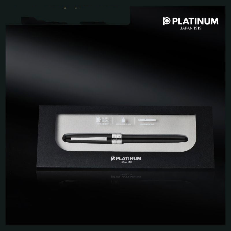 Platinum Plaisir metal fountain pen inside black presentation gift box