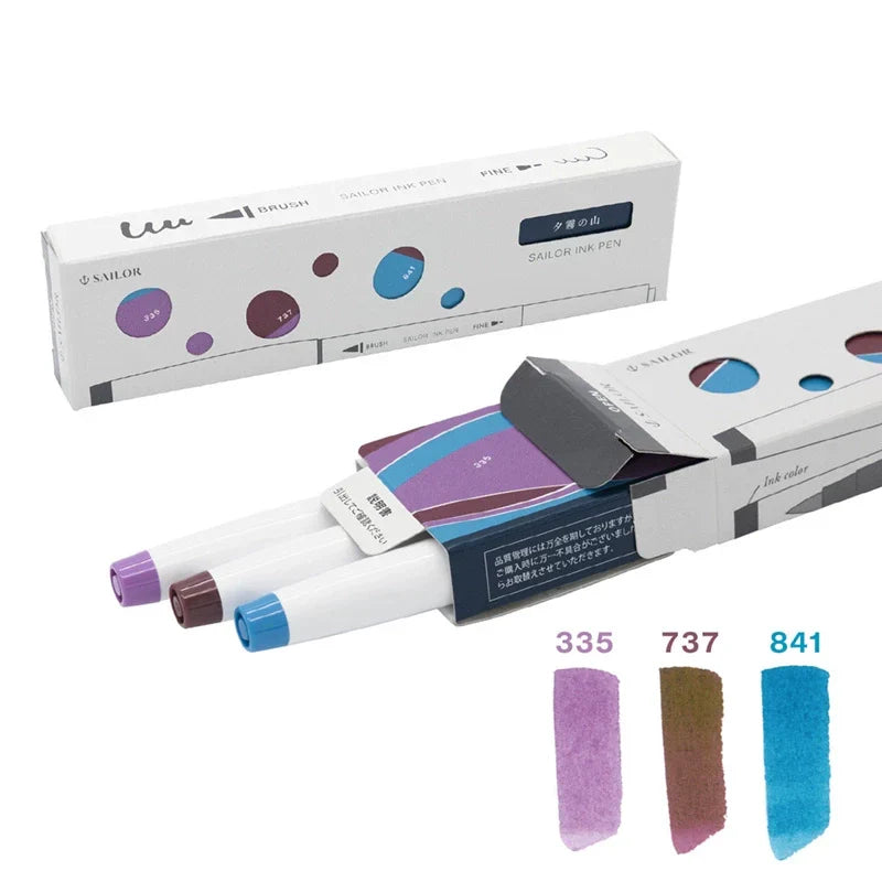 Sailor Ink Pen Kobo Brush and Fine Dual-Tip Marker 3 Color Set