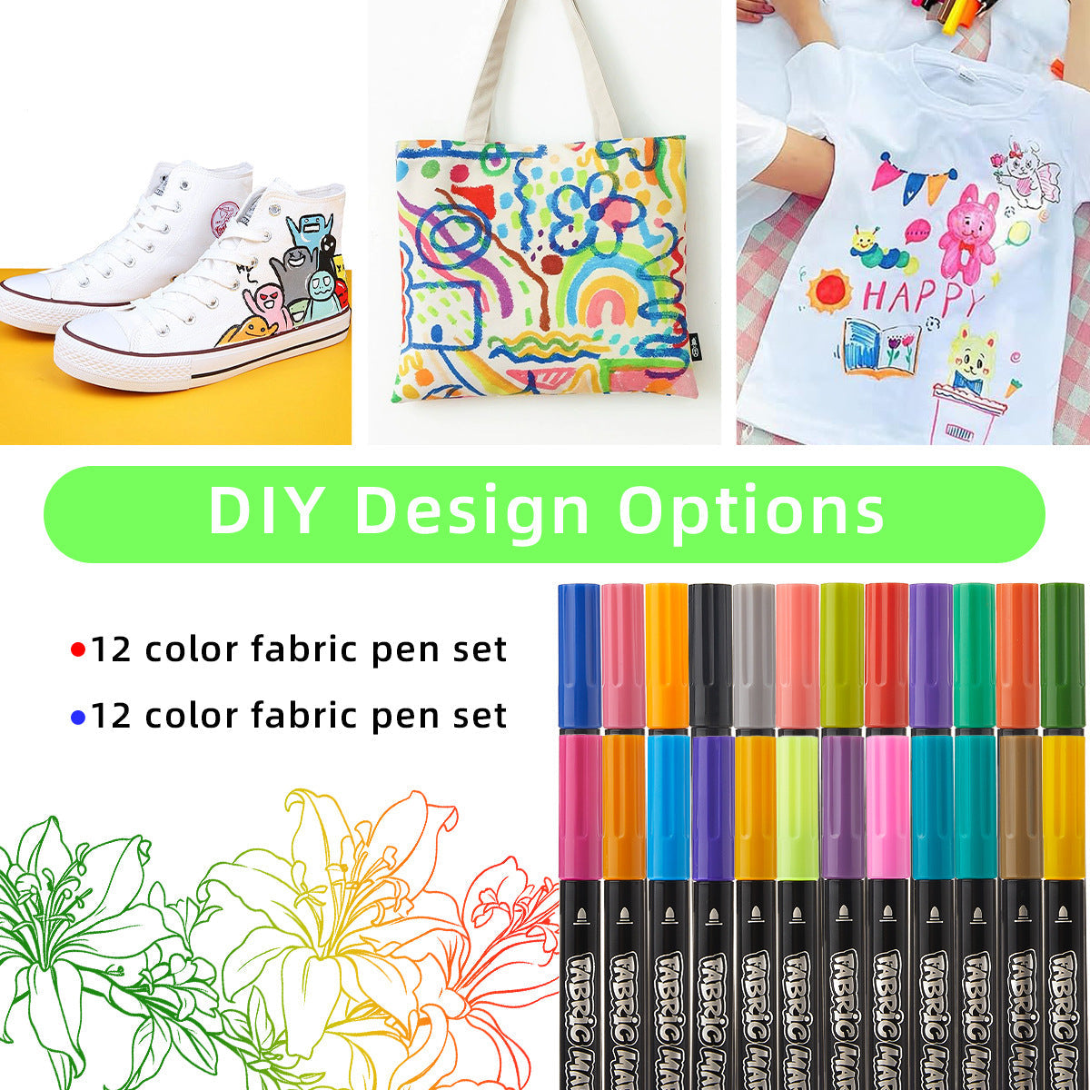 12/24 Fabric Marker Pens Set for Shoes T-Shirts & Bags