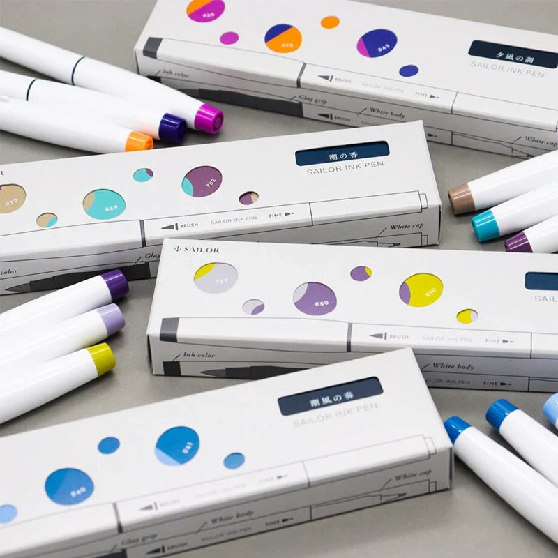 Sailor Ink Pen Kobo Brush and Fine Dual-Tip Marker 3 Color Set