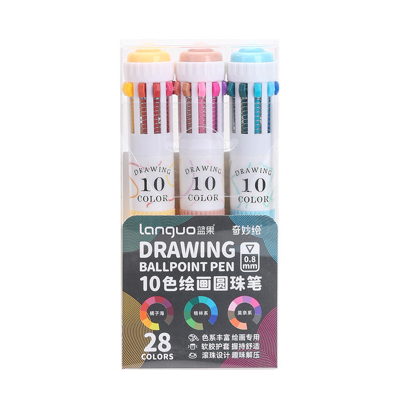 3-Pack 10-in-1 Multi-Color Ballpoint Pens - 28 Total Colors (0.8mm Fine Tip)