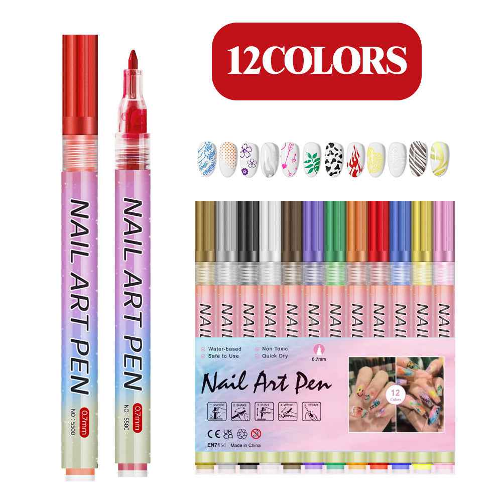 12 Colors 3D Nail Art Marker Pens Set 0.7mm