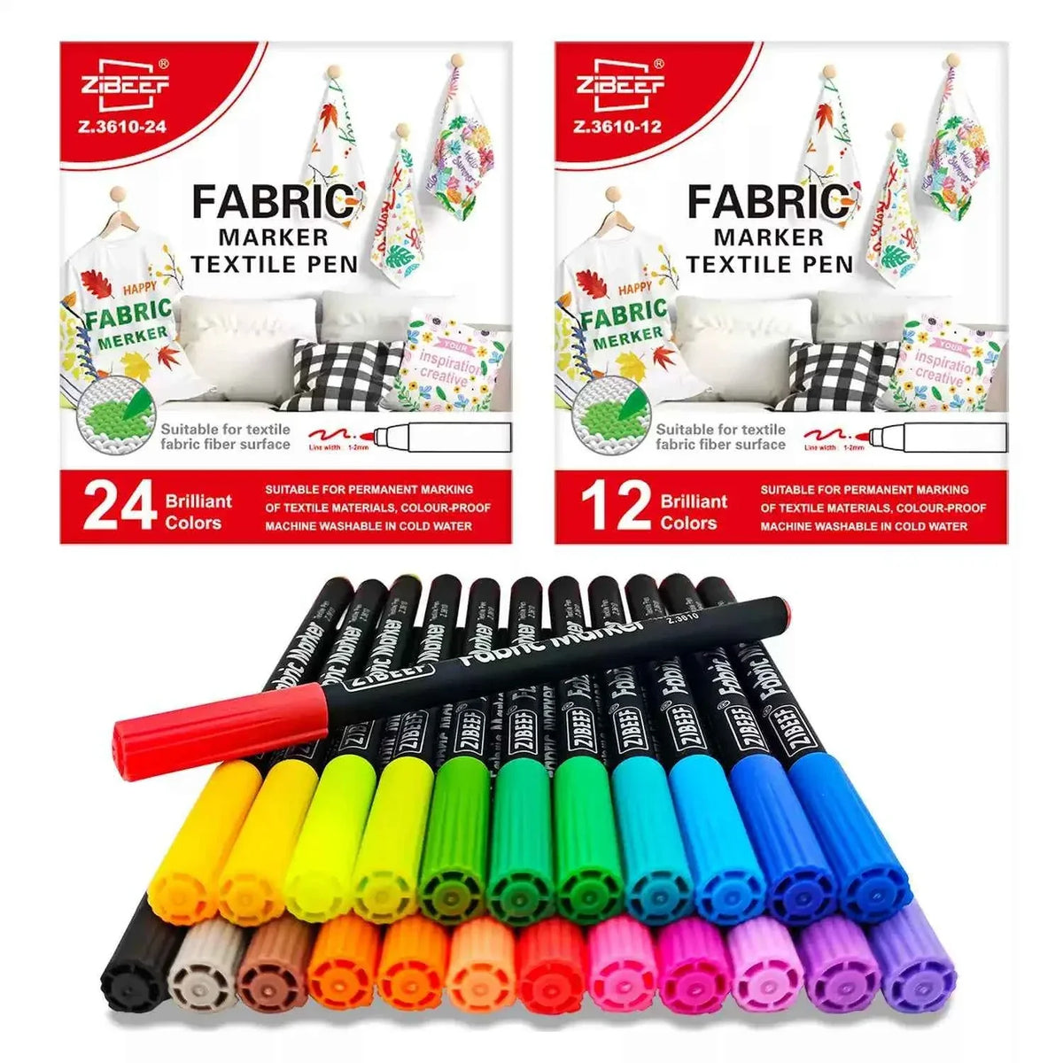 XIBEEF Permanent Fabric Markers Textile Pen,12/24 Colors Pack