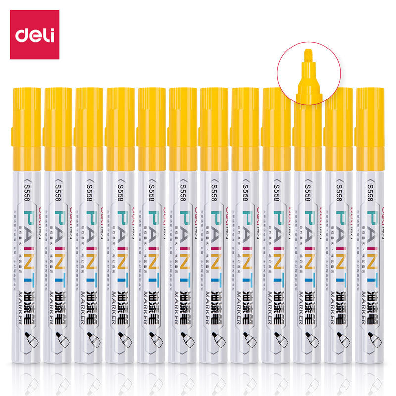 DELI 12pcs Paint Art Marker Pens Oil Based for Metal Rock Canvas Yellow
