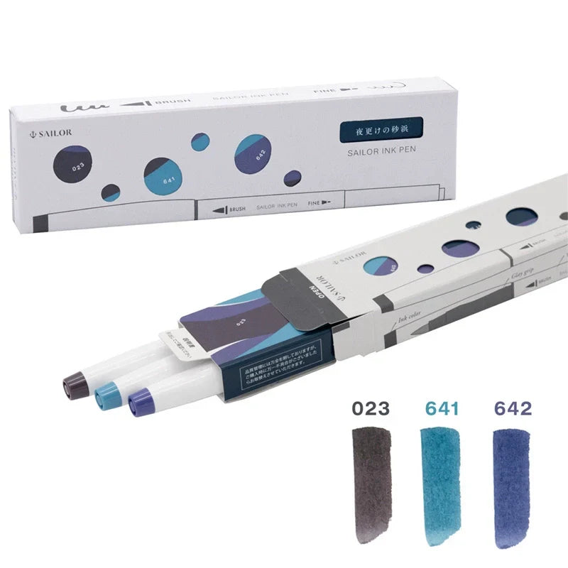 Sailor Ink Pen Kobo Brush and Fine Dual-Tip Marker 3 Color Set