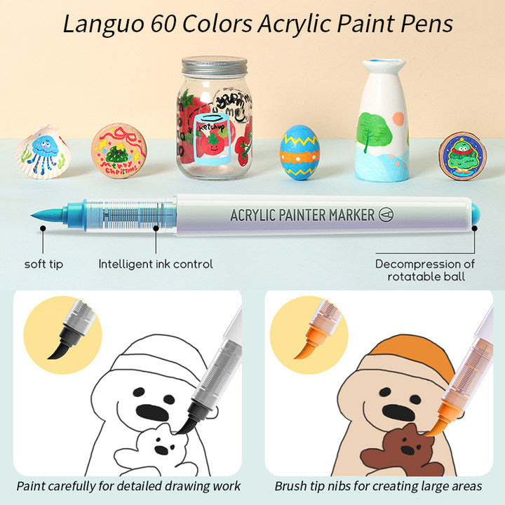 Languo 24/36/48/60 Colors Acrylic Paint Markers Set - Brush Tip