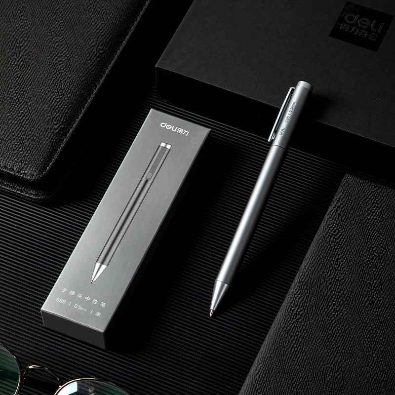 DELI S99 All Metal Ballpoint Pen – 0.5mm Black Ink Gel Pen 2 Pack