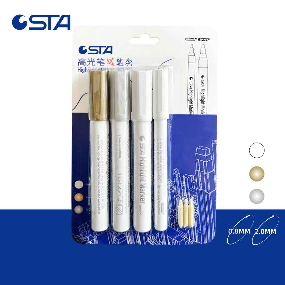 STA Hightlight Marker Gold Silver White - 4 Pack