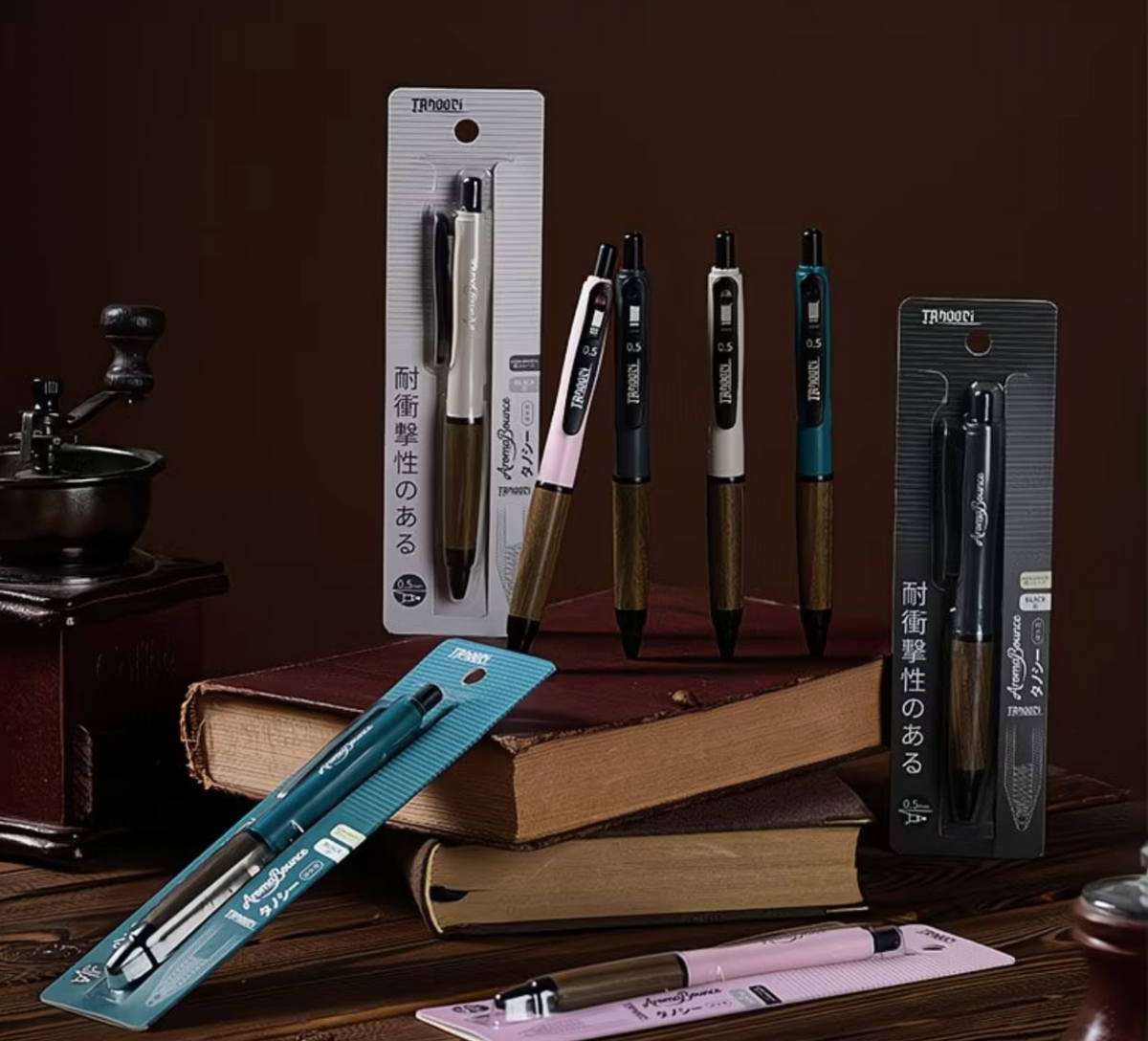 Tanooci TOA-105 gel pens with sandalwood grip on desk