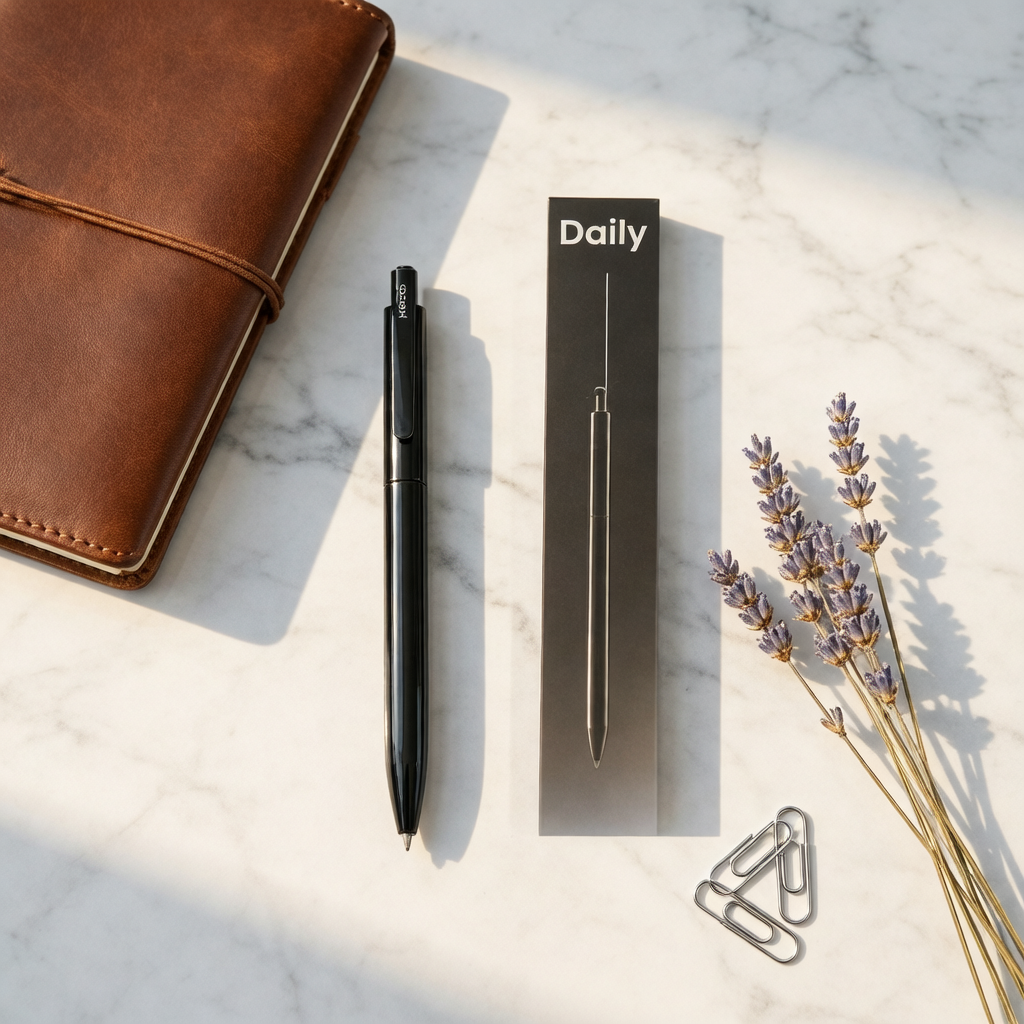 KACO Daily gel pen moody studio shot on dark leather notebook