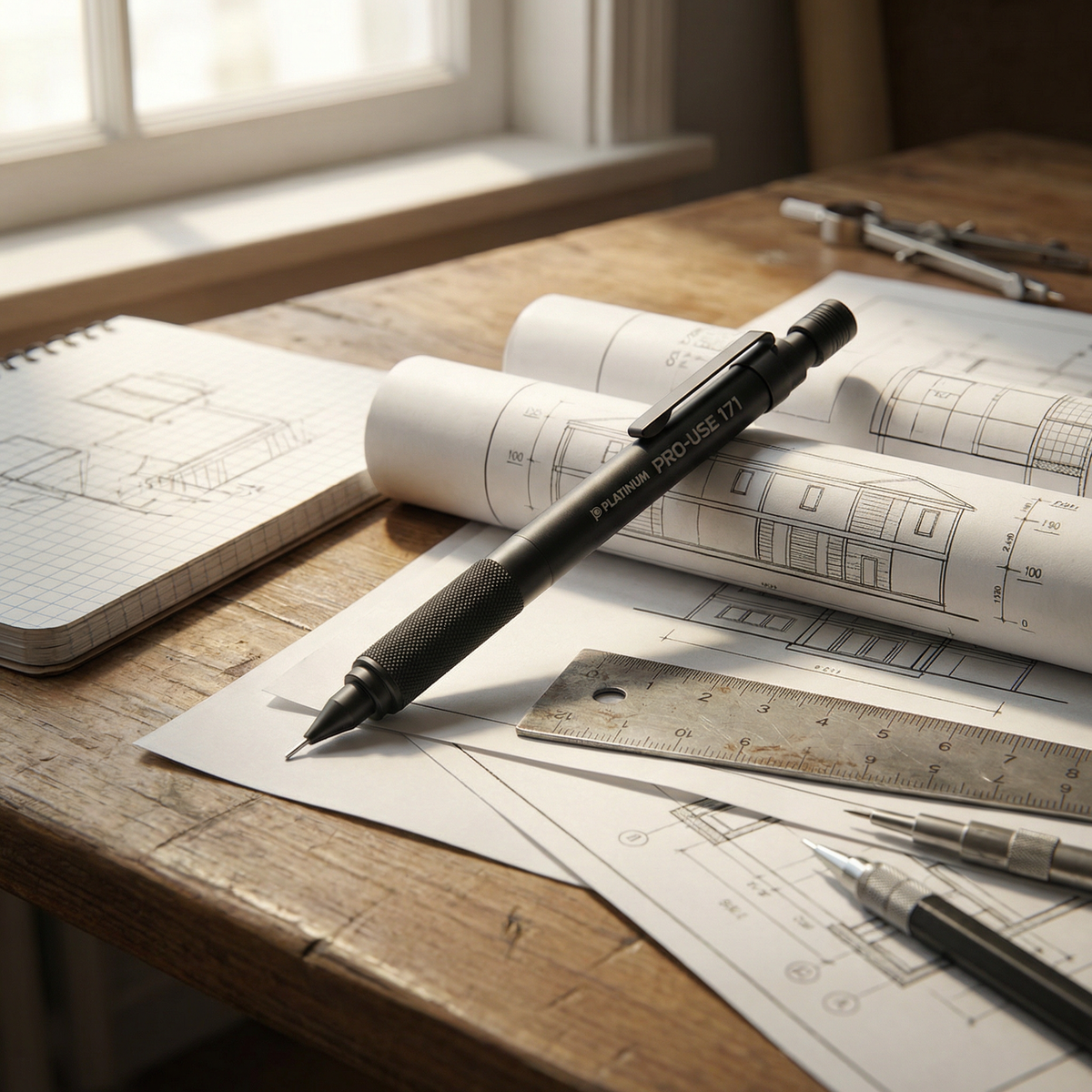 Platinum Pro-Use 171 Mechanical Pencil on Architect Desk with Drawings