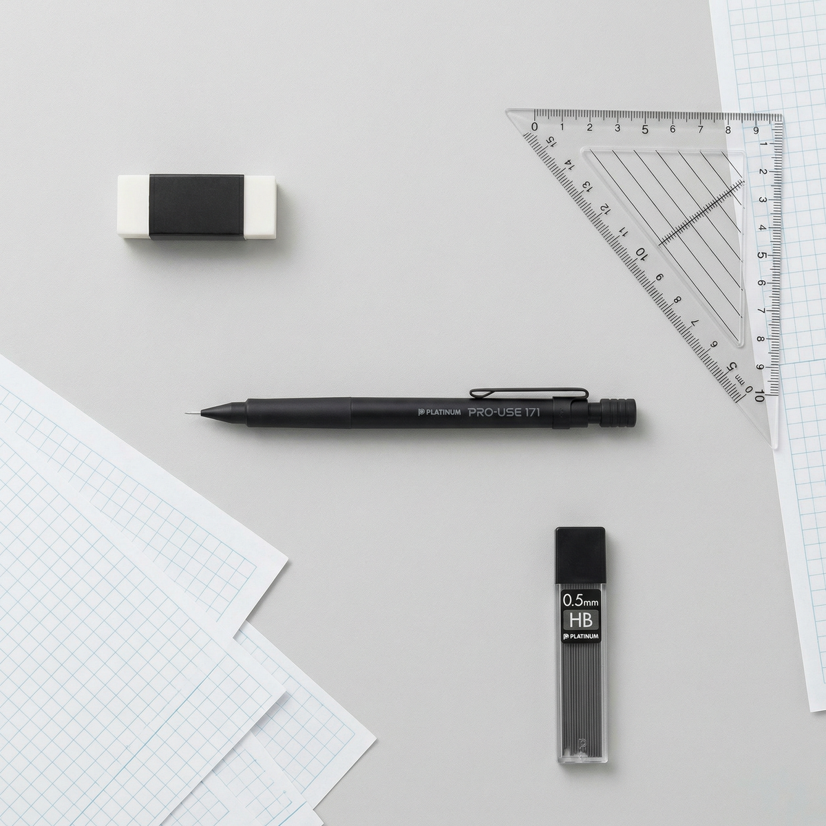 Platinum Pro-Use 171 Mechanical Pencil Flat Lay with Stationery Accessories