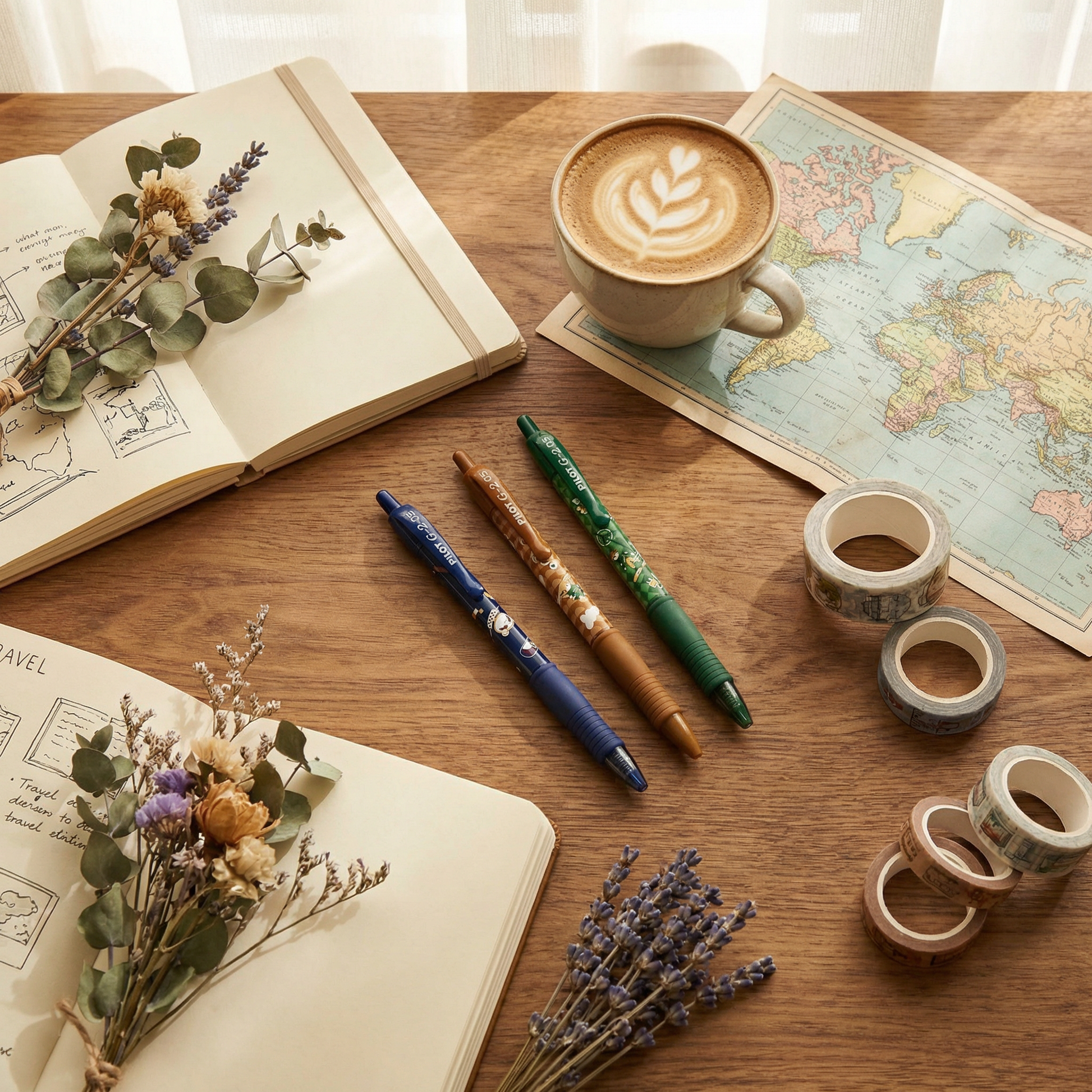 Pilot G-2 Future Travel pens lifestyle flat lay on wooden desk with notebook and coffee