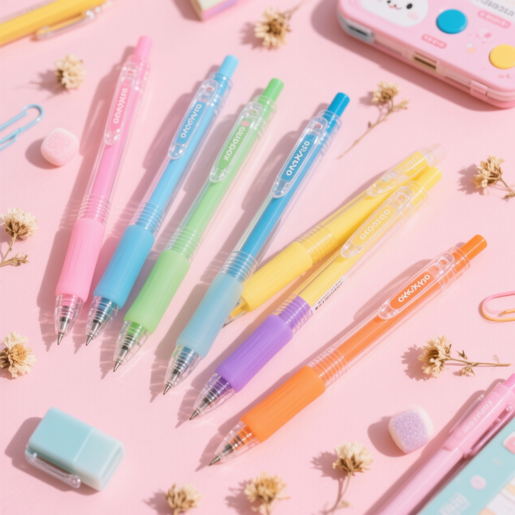 KOKUYO candy colour pencil set flat lay with stationery accessories